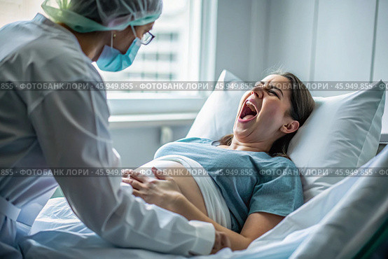 A pregnant woman in a hospital bed in the maternity ward. The woman is in labor and screaming in pain. Pregnancy and childbirth. Стоковое AI-изображение, AI-художник Photojuli / Фотобанк Лори