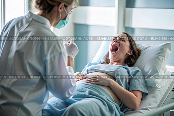 A pregnant woman in a hospital bed in the maternity ward. The woman is in labor and screaming in pain. Pregnancy and childbirth. Стоковое AI-изображение, AI-художник Photojuli / Фотобанк Лори