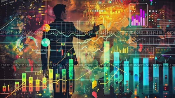 A presenter engages an audience with dynamic data visualizations in a vibrant, high-tech setting during a business conference. Стоковое AI-видео, аниматор Данила Большаков / Фотобанк Лори