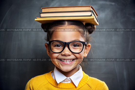 A pretty girl with glasses and books on her head. The child goes to school for the first time. A child in the classroom on the background of a blackboard. Back to school. Стоковое AI-изображение, AI-художник Photojuli / Фотобанк Лори