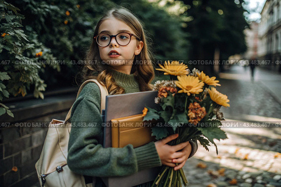 A pretty little girl with glasses and a bouquet of autumn flowers goes to school for the first time. A child with a school bag, a book and flowers. A child on a city street. Back to school. Стоковое AI-изображение, AI-художник Photojuli / Фотобанк Лори