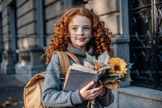 A pretty red-haired girl with glasses and a bouquet of autumn flowers goes to school for the first time. A child with a school bag, a book and flowers. A child on a city street. Back to school. Стоковое AI-изображение, AI-художник Photojuli / Фотобанк Лори