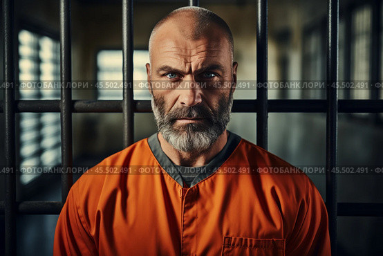A prisoner in an aged orange uniform stands behind metal bars, looking intently at the camera. This portrayal captures the stark reality of life in confinement within a detention center. Стоковое AI-изображение, AI-художник Sergey Grishin / Фотобанк Лори