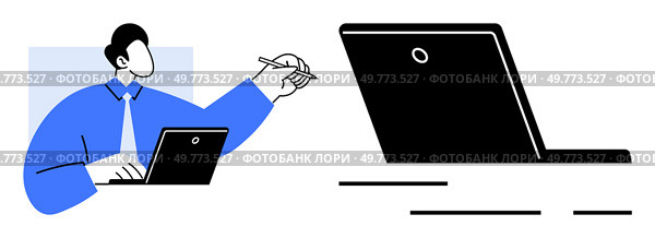 A professional in blue attire is using a stylus pen with a laptop. Ideal for remote work, online meetings, digital collaboration, technology use, professional environments. Simple and clean style. Business Professional Working on Laptop with Stylus Pen for Online Tasks and Communication. Стоковая иллюстрация, агентство Ingram Publishing / Фотобанк Лори