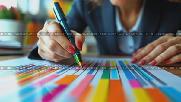 A professional reviews vibrant charts while taking notes, highlighting important data for an upcoming strategic meeting. Стоковое AI-видео, аниматор Данила Большаков / Фотобанк Лори