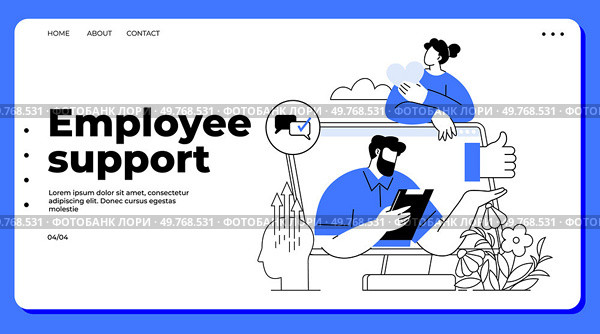 A professional setting with a man using a tablet, a woman with a heart icon, and various supportive elements Ideal for employee support team collaboration remote work wellness programs digital. Employee Support and Engagement in Digital Workspace with Team Collaboration and Wellness Programs. Стоковая иллюстрация, агентство Ingram Publishing / Фотобанк Лори