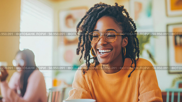 A radiant Black woman with dreadlocks and elegant spectacles sharing a genuine, joyful laugh in a brightly lit, inviting indoor setting, capturing an authentic moment of happiness. Стоковое AI-изображение, AI-художник Данила Большаков / Фотобанк Лори