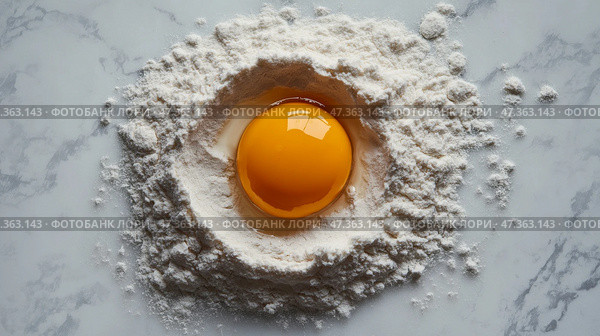 A raw egg cracked in the center of a flour well on a white marble surface. Сырое яйцо разбито в центре лунки с мукой на безупречно белой мраморной поверхности. Мягкий естественный свет подчеркивает мучнистую текстуру муки, создавая минимальную, но элегантную кулинарную композицию. Гиперреалистичная фотография. Стоковое AI-изображение, AI-художник Katsiaryna Repich / Фотобанк Лори