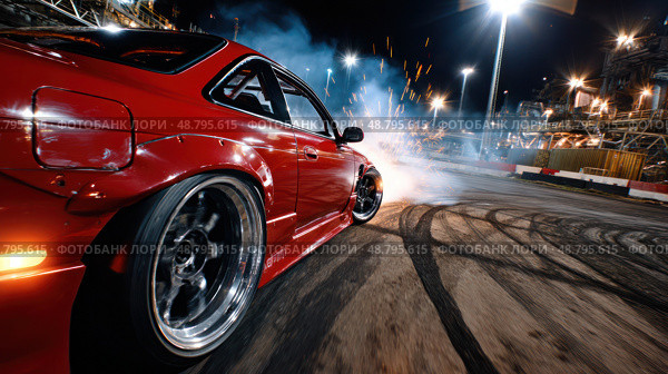 A red car is driving on a racetrack with smoke coming out of the back. Стоковое AI-изображение, AI-художник Ярославский Максим / Фотобанк Лори