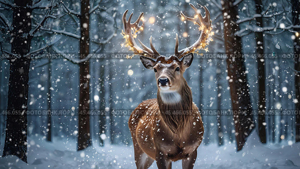 A red deer with shiny big horns in a Christmas garland in snowy weather against a forest background. Стоковое AI-изображение, AI-художник Photojuli / Фотобанк Лори