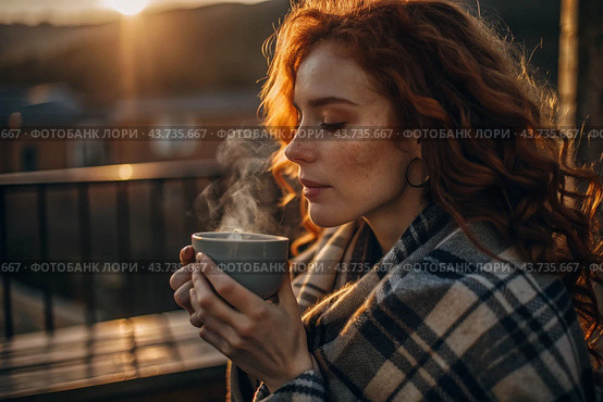A red-haired, beautiful woman wrapped in a plaid with a mug of hot coffee on a beautiful patio in the rays of the setting sun. The girl inhales the aroma of the drink. Comfort and harmony. Стоковое AI-изображение, AI-художник Photojuli / Фотобанк Лори
