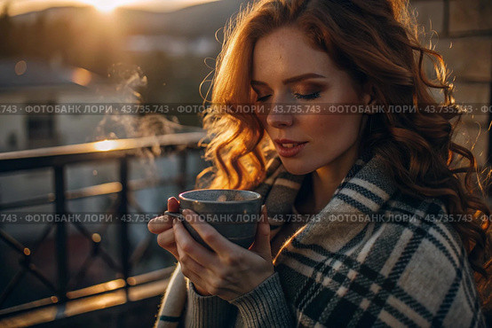 A red-haired, beautiful woman wrapped in a plaid with a mug of hot coffee on a beautiful patio in the rays of the setting sun. The girl inhales the aroma of the drink. Comfort and harmony. Стоковое AI-изображение, AI-художник Photojuli / Фотобанк Лори