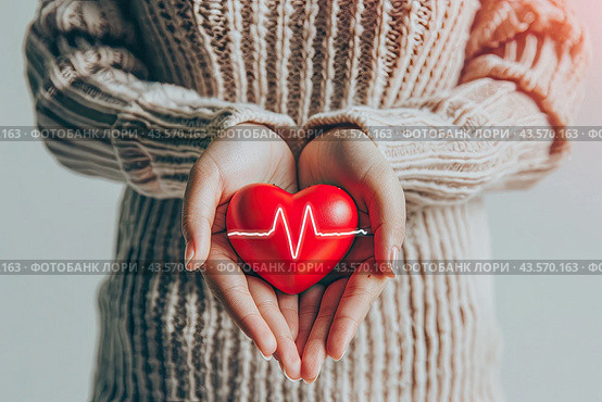 A red heart is in the woman's hands. World Heart and Health Day. National Organ Donor Day. Стоковое AI-изображение, AI-художник Ярославский Максим / Фотобанк Лори