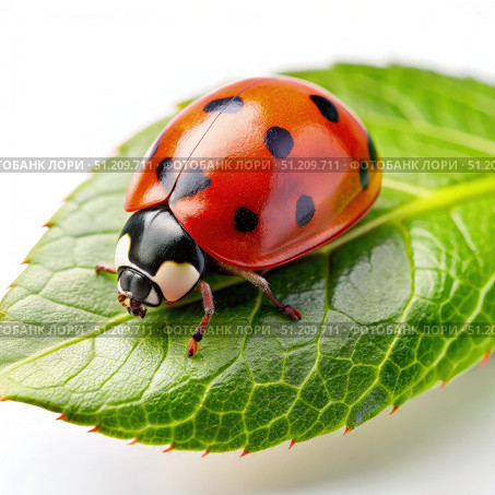 A Red Ladybug Rests on a Green Leaf Against a White Background. Generative AI. Стоковое AI-изображение, AI-художник Roman Zavorotny / Фотобанк Лори