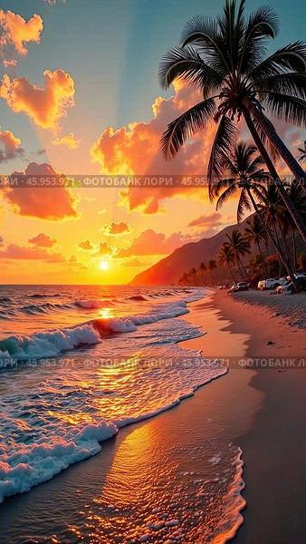 A red sunset on the paradisiacal ocean coast with tropical palm trees and waves of surf. Banner for a travel agency, burning tour, a vacation tour in hotel. AI generated. Стоковое AI-изображение, AI-художник Ольга Симонова / Фотобанк Лори
