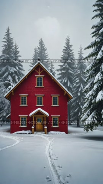 A red wooden house in a snowy landscape, standing on a snowy plain surrounded by trees, soft diffused light, frontal view. Стоковое AI-видео, аниматор Sergey Grishin / Фотобанк Лори