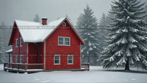 A red wooden house in a snowy landscape, standing on a snowy plain surrounded by trees, soft diffused light, frontal view. Стоковое AI-видео, аниматор Sergey Grishin / Фотобанк Лори