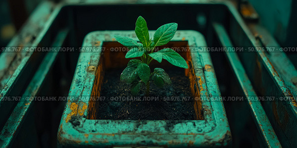 A resilient seedling thriving in a weathered container. Стоковое AI-изображение, AI-художник Данила Большаков / Фотобанк Лори