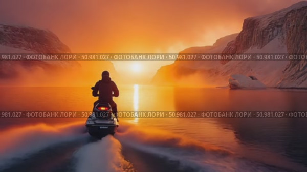 A rider navigates a jet ski across tranquil waters as the sun sets behind snow-covered cliffs, creating a breathtaking golden glow. Стоковое AI-видео, аниматор Данила Большаков / Фотобанк Лори