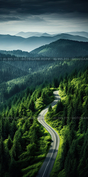 A road in the mountains among the relic forest. Generated by AI. Стоковое AI-изображение, AI-художник Ярославский Максим / Фотобанк Лори
