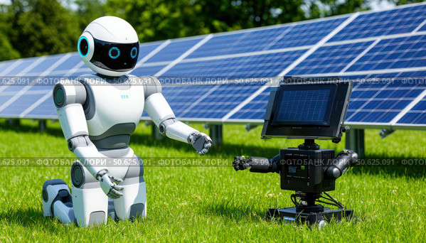 A robot is standing next to a solar panel. Стоковое AI-изображение, AI-художник Ярославский Максим / Фотобанк Лори