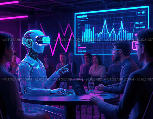 A robot is talking to a group of people in a room with a projection screen. Стоковое AI-изображение, AI-художник Ярославский Максим / Фотобанк Лори