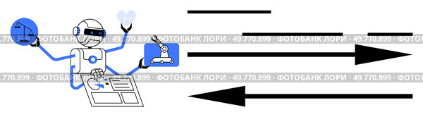 A robot juggling multiple tasks including communication, planning, and creation, represented through various icons. Arrows moving right signify workflow and efficiency. Ideal for productivity. Robot Balancing Tasks and Priorities with Task Flow Indication Through Arrows. Стоковая иллюстрация, агентство Ingram Publishing / Фотобанк Лори