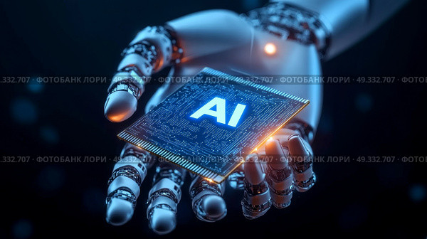 A robotic hand grasping AI chip technology, illustrating the fusion of robotics and advanced computing capabilities. Стоковое AI-изображение, AI-художник Anastasy Yarmolovich / Фотобанк Лори