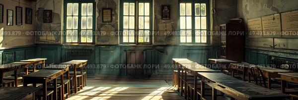 A room crammed with numerous wooden desks in varied sizes and styles, creating a cluttered and functional workspace. Стоковое AI-изображение, AI-художник Данила Большаков / Фотобанк Лори