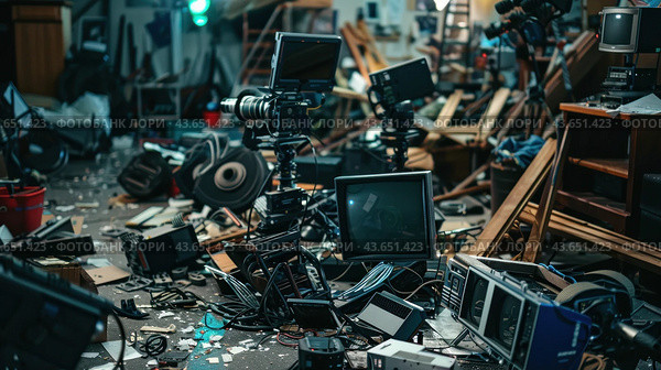 A room filled with various video equipment, including cameras, monitors, and other devices. Scattered objects are visible, creating a sense of disorder and chaos. Cables, pieces of equipment, and various small parts are lying on the floor, indicating possible repairs or disassembly. The stage looks like a studio or warehouse with audiovisual equipment. Стоковое AI-изображение, AI-художник Анна Кривицкая / Фотобанк Лори