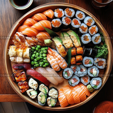 A round wooden plate filled with various types of sushi and rolls. The combination of bright colors of fresh ingredients - salmon, tuna, eel, shrimp, avocado, caviar and wasabi - makes the composition appetizing and visually attractive. Next to the plate are cups with soy sauce. The photo is taken in natural light on a wooden table, creating an atmosphere of coziness and gastronomic pleasure. Ideal for themes related to Japanese cuisine, restaurant business, food delivery and gastronomy. Стоковое AI-изображение, AI-художник Анна Кривицкая / Фотобанк Лори