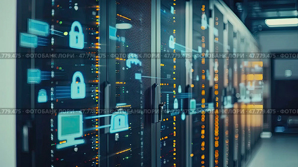 A row of servers neatly aligned in a data center, providing crucial computational power and storage for digital operations. Стоковое AI-изображение, AI-художник Данила Большаков / Фотобанк Лори