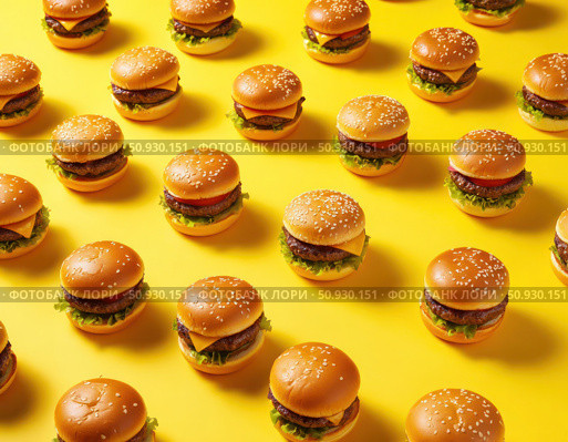 A row of small hamburgers with lettuce and cheese on top. Стоковое AI-изображение, AI-художник Ярославский Максим / Фотобанк Лори