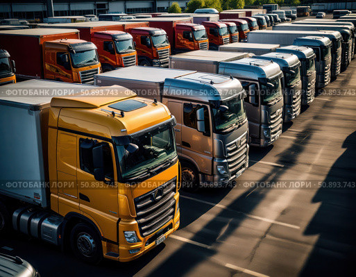 A row of trucks are parked in a lot, with some of them being yellow. Стоковое AI-изображение, AI-художник Ярославский Максим / Фотобанк Лори