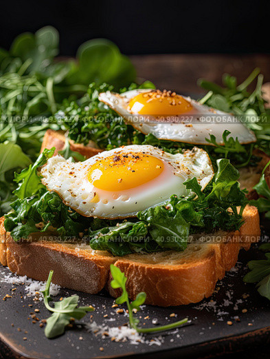 A sandwich of poached eggs, fried bread and fresh herbs. Generated by AI. Стоковое AI-изображение, AI-художник Ярославский Максим / Фотобанк Лори