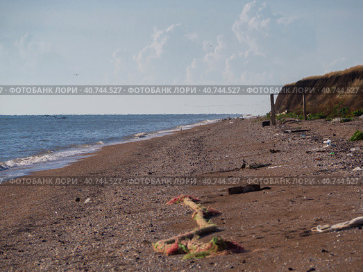 A sandy sea beach littered with household garbage. The concept of protecting the planet earth. Стоковое фото, фотограф Александр Кротков / Фотобанк Лори