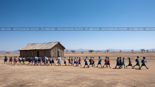 A school in rural Africa with children walking to class, backpacks on, bright blue sky and open landscape. Black African children from disadvantaged families study in school, read books, receive primary education, volunteer service. Стоковое AI-изображение, AI-художник ALLA YURTAYEVA / Фотобанк Лори