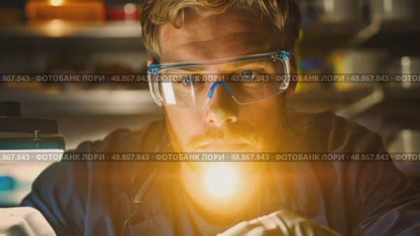 A scientist focuses intently on experiments in a well-equipped laboratory, emphasizing precision and dedication to innovative research methods. Стоковое AI-видео, аниматор Данила Большаков / Фотобанк Лори