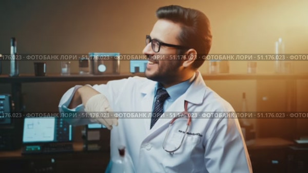 A scientist shares his enthusiasm for groundbreaking health research while working in the laboratory. Стоковое AI-видео, аниматор Данила Большаков / Фотобанк Лори