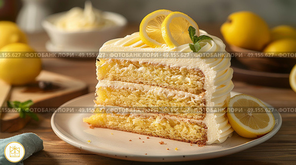 A scrumptious slice of Lemon Cake, beautifully presented with a fresh lemon garnish on a fine plate. Стоковое AI-изображение, AI-художник Anastasy Yarmolovich / Фотобанк Лори
