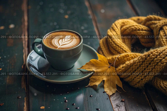 A seasonal drink. Delicious hot cappuccino in a mug with a saucer and a knitted snood, a scarf on a wooden table in the interior of the cafe. It's a rainy autumn day. Стоковое AI-изображение, AI-художник Photojuli / Фотобанк Лори