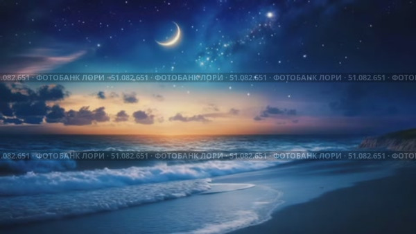 A serene beach scene at twilight with gentle waves lapping at the shore. The sky is filled with stars and a crescent moon, creating a tranquil atmosphere. Стоковое AI-видео, аниматор Nart / Фотобанк Лори