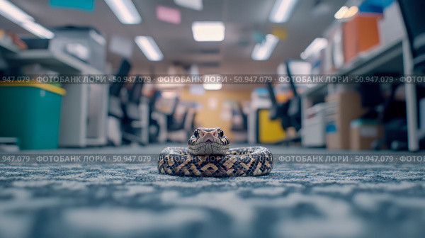 A Serpent in the Corporate World, An Unconventional Pet Snake in a Modern Office Setting. Стоковое AI-изображение, AI-художник Данила Большаков / Фотобанк Лори