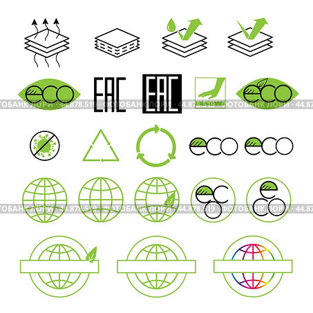 a set of icons in black and green for designations on the packaging of goods, ecology. Стоковая иллюстрация, иллюстратор ~✿Eлена Челышева(Кочина)✿~ / Фотобанк Лори