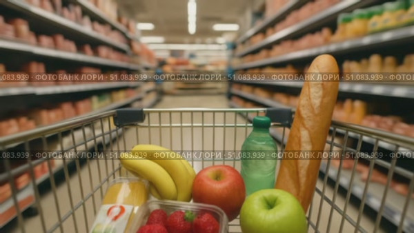 A shopping cart filled with groceries including bananas, apples, strawberries, a green bottle, and a baguette in a supermarket aisle. Стоковое AI-видео, аниматор Nart / Фотобанк Лори