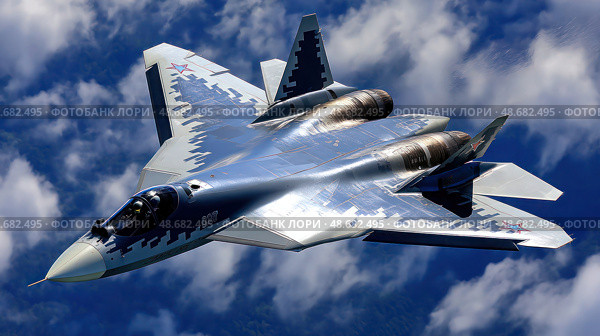 A silver fighter jet is flying through the sky. Стоковое AI-изображение, AI-художник Ярославский Максим / Фотобанк Лори