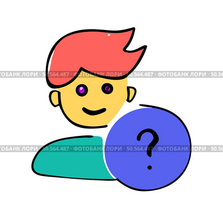 A simple and friendly cartoon illustration of a person with a question mark. perfect for representing support. FAQ. help. or customer service. Стоковая иллюстрация, агентство Ingram Publishing / Фотобанк Лори