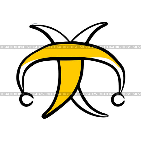 A simple and playful illustration of a jesters hat in a bold black outline with a bright yellow fill. Perfect for adding a touch of fun to projects related to entertainment. festivals. or even childhood. Стоковая иллюстрация, агентство Ingram Publishing / Фотобанк Лори