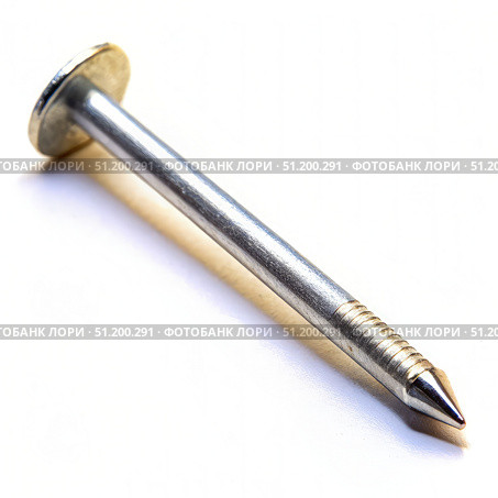 A Single Construction Metal Nail With a Flat Tip on a White Background. Generative AI. Стоковое AI-изображение, AI-художник Roman Zavorotny / Фотобанк Лори