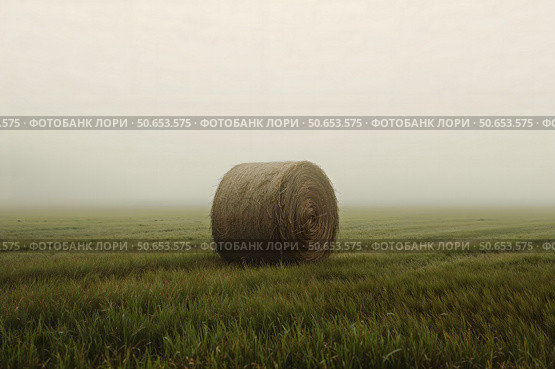 A single, perfectly round bale of hay, about 5-6 feet in diameter, located in the center of a vast, lush green field, shrouded in a thick, eerie fog., Стоковое AI-изображение, AI-художник Александр Поташев / Фотобанк Лори